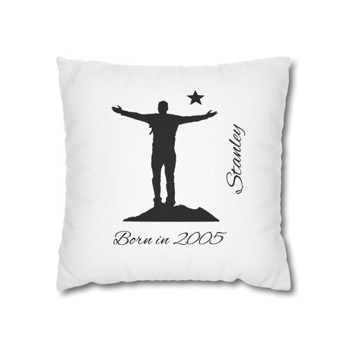 Personalised Born In [Year] pillow cover for him – silhouette man on mountaintop with star and name – white background