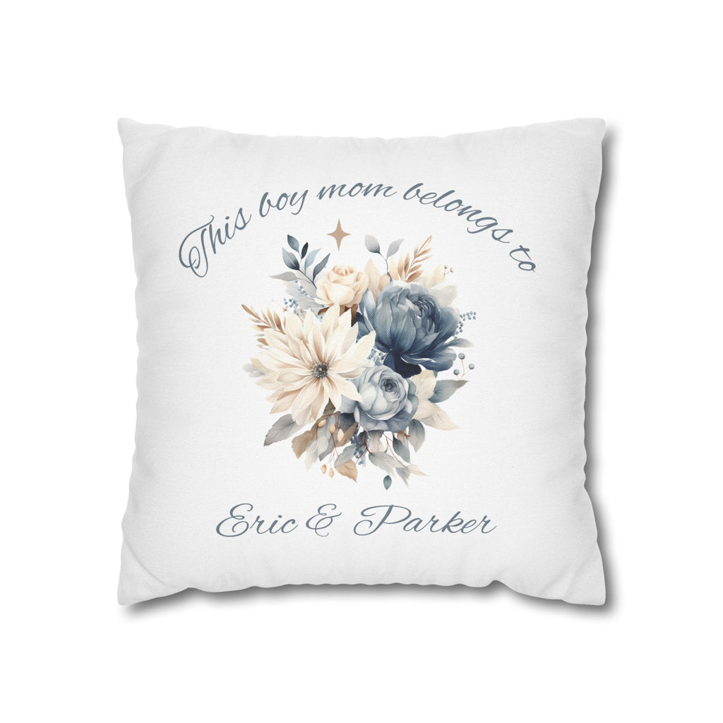 Personalised boy mom pillow cover – This boy mom belongs to – blue watercolour floral design – white background