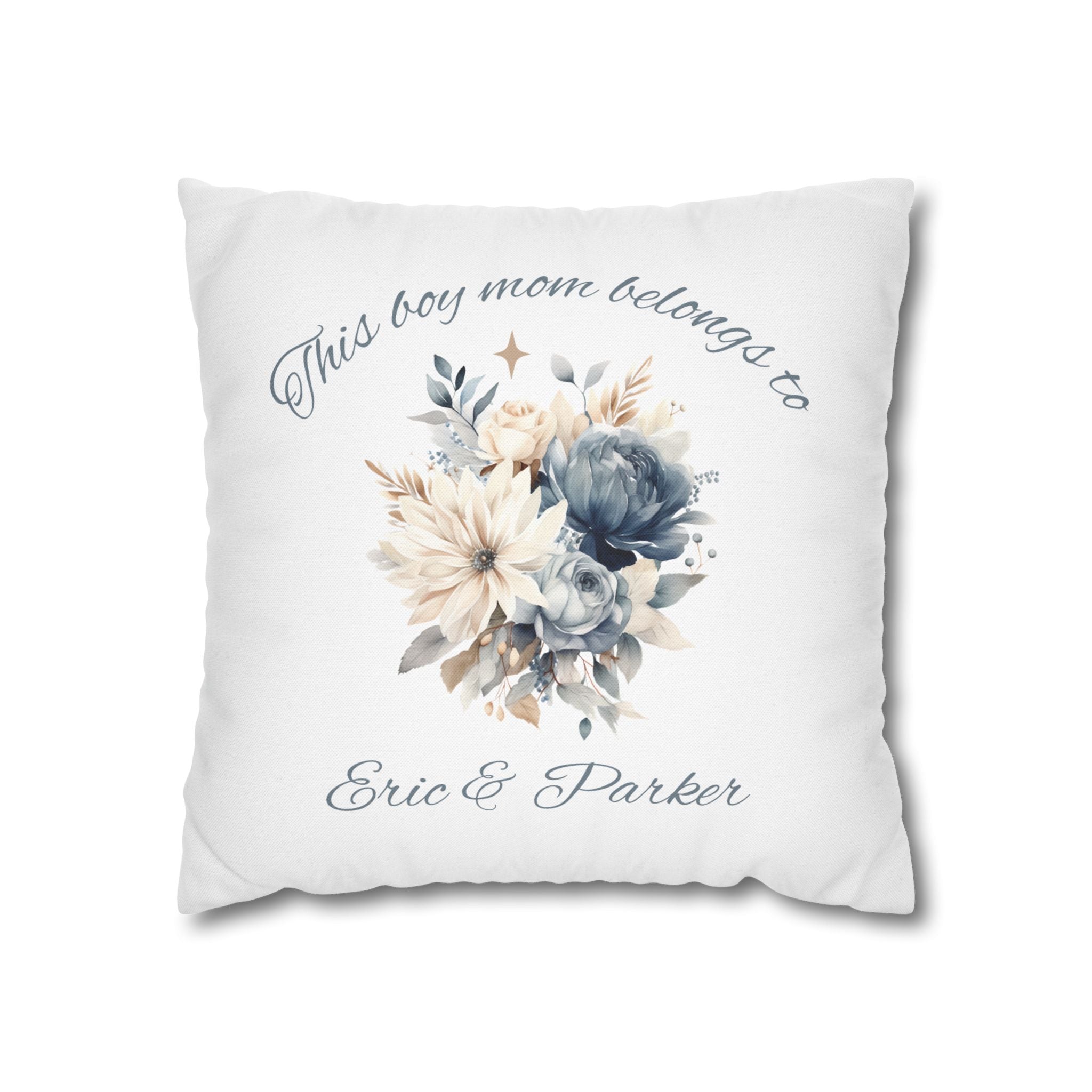 Personalised boy mom pillow cover – This boy mom belongs to – blue watercolour floral design – white background