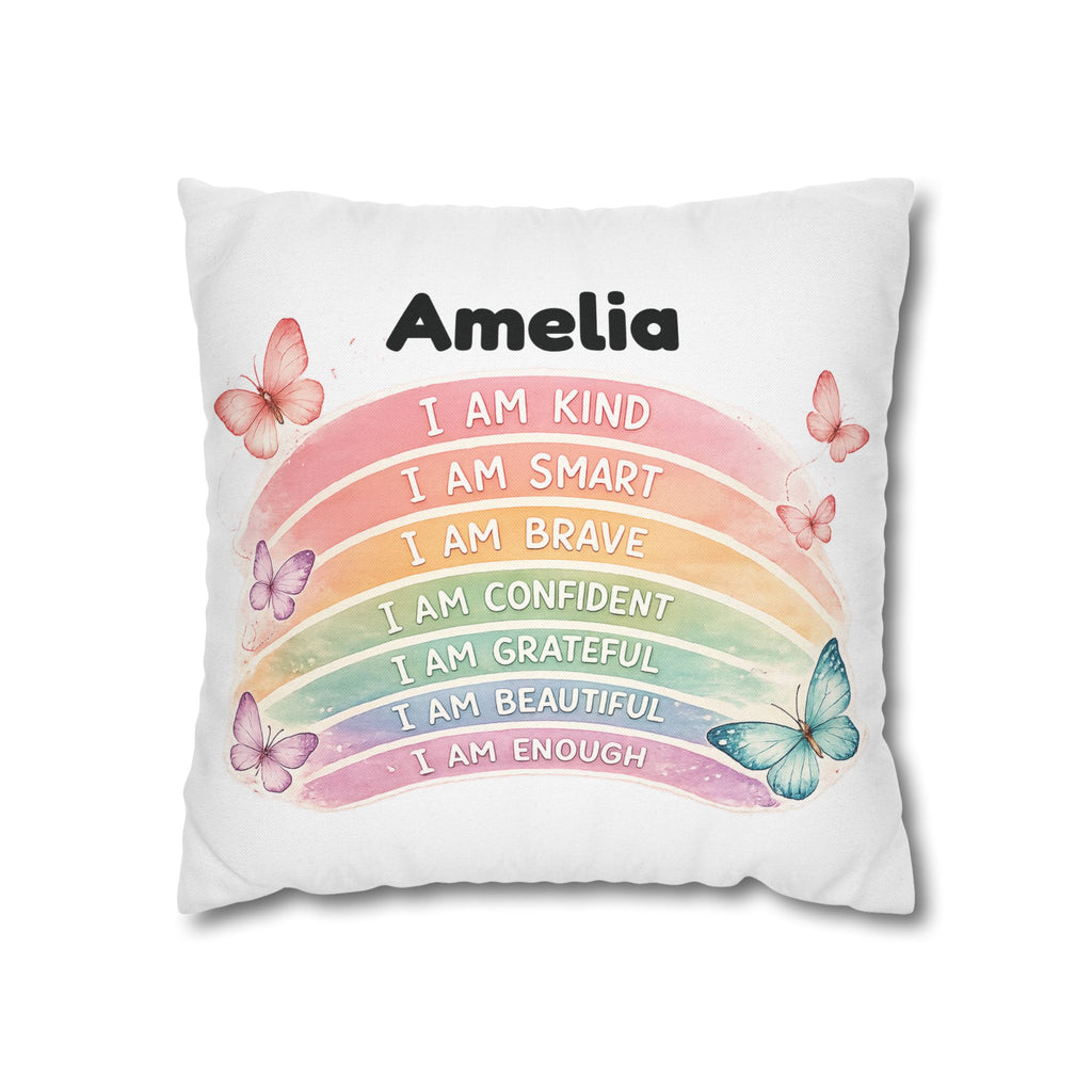 Personalised rainbow affirmations pillow cover for girls – white background with pastel rainbow and butterflies
