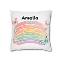 Personalised rainbow affirmations pillow cover for girls – white background with pastel rainbow and butterflies