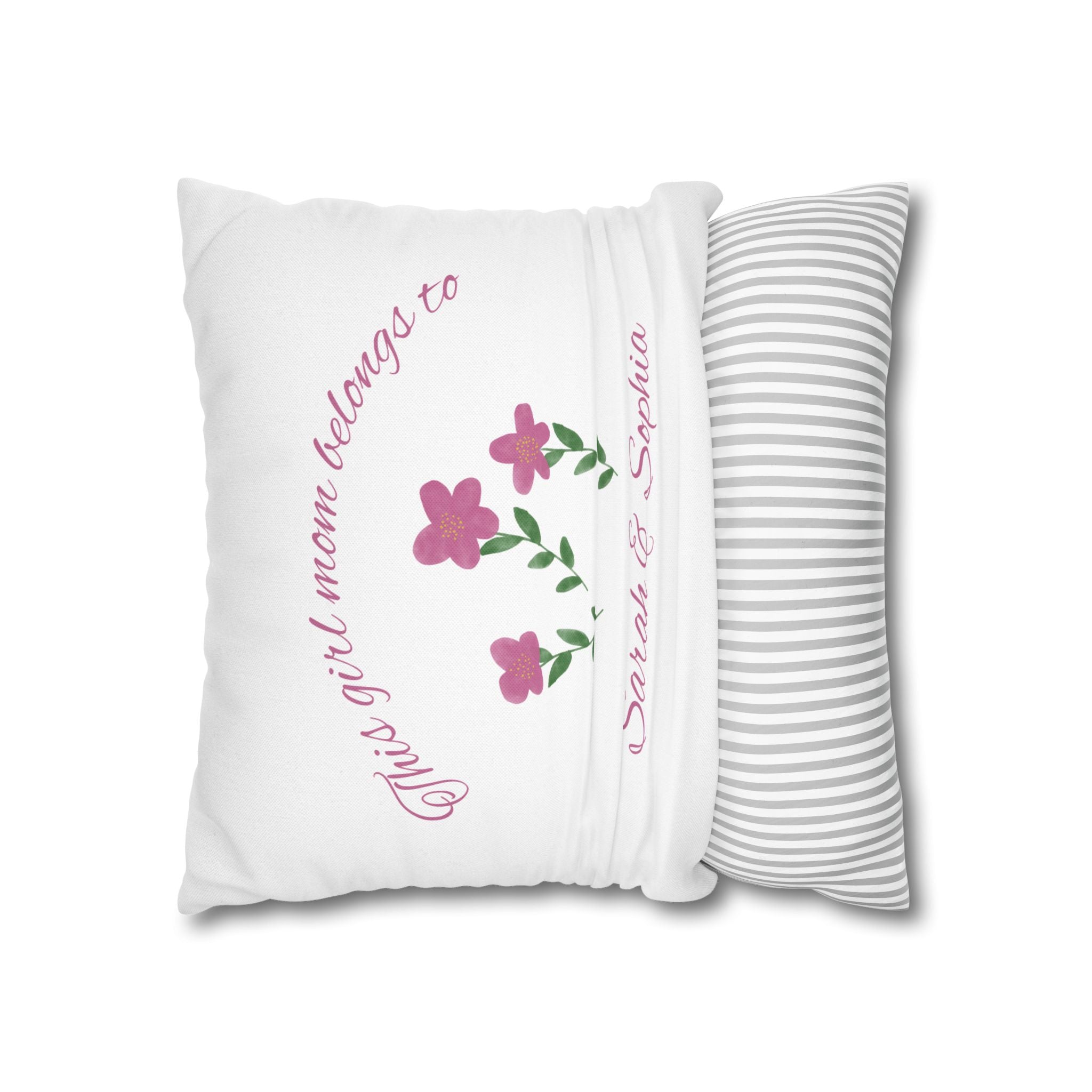 Personalised girl mom pillow cover lifestyle setting – thoughtful Mother's Day gift with daughter names