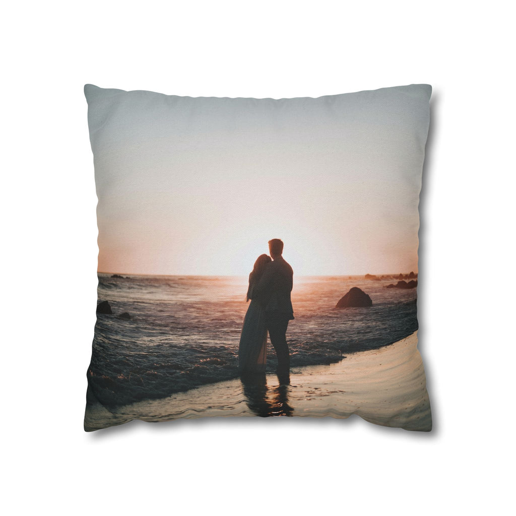 Personalised photo pillow cover for couples – couple at sunset on beach – white background mockup