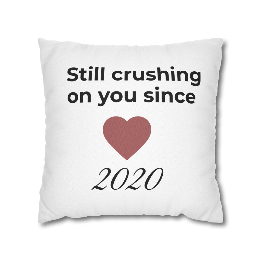 Personalised still crushing on you pillow cover – heart motif with custom year – white background