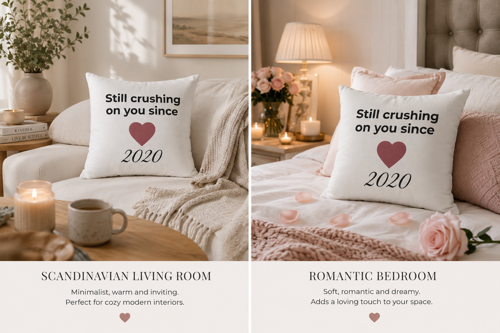 Personalised romantic pillow cover lifestyle mockup – heart pillow on sofa – Valentine's Day gift for couples