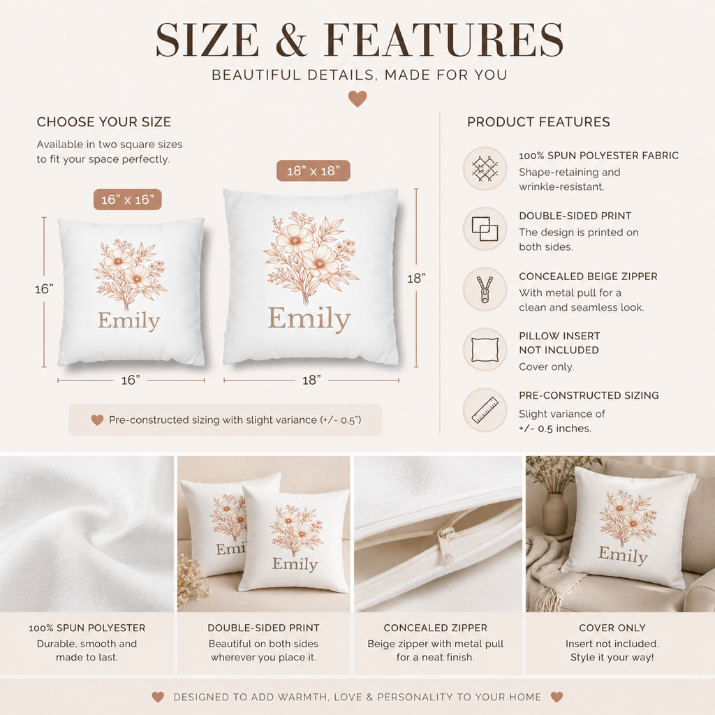 Personalised botanical pillow cover back view – terracotta flower illustration – birthday or housewarming gift