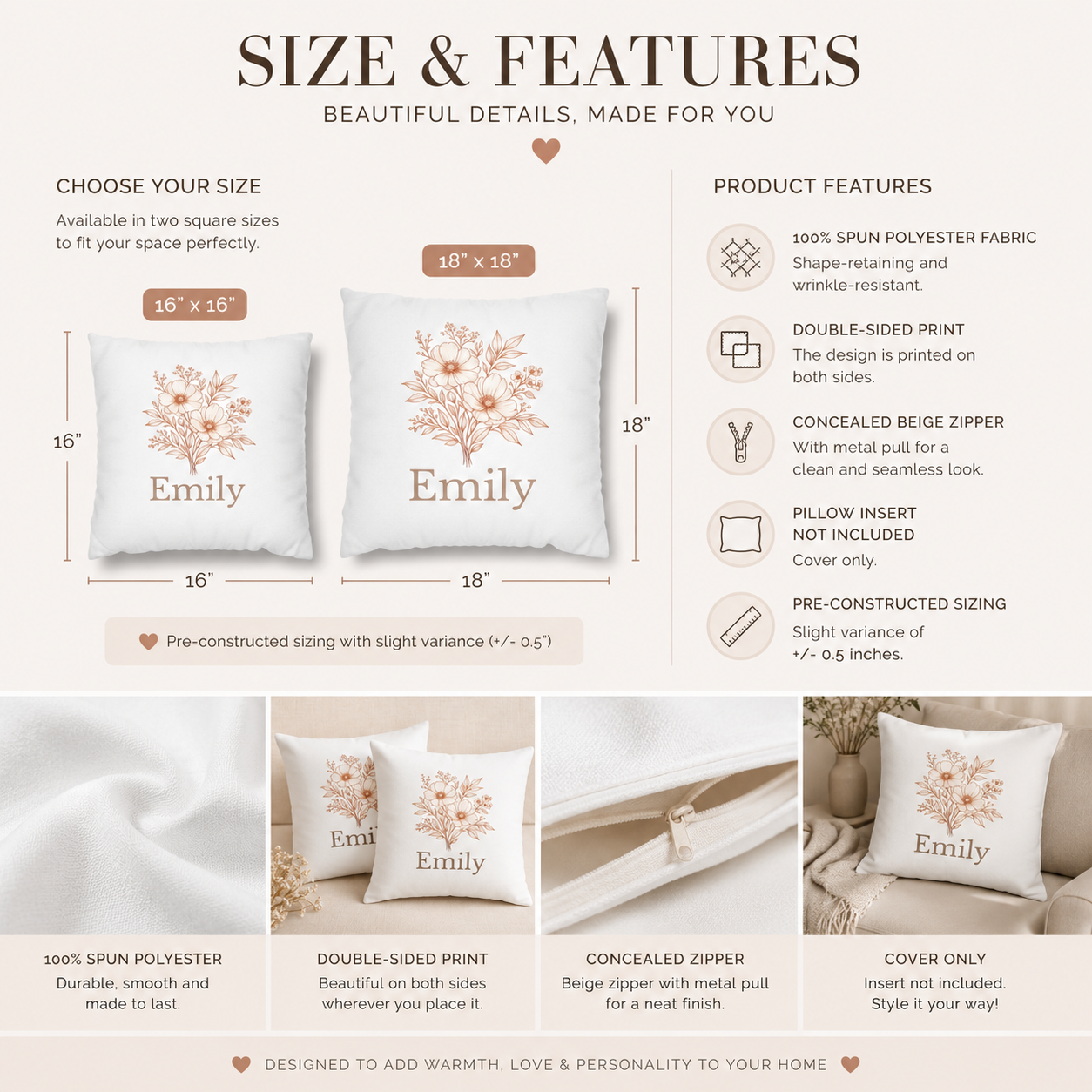 Personalised botanical pillow cover back view – terracotta flower illustration – birthday or housewarming gift