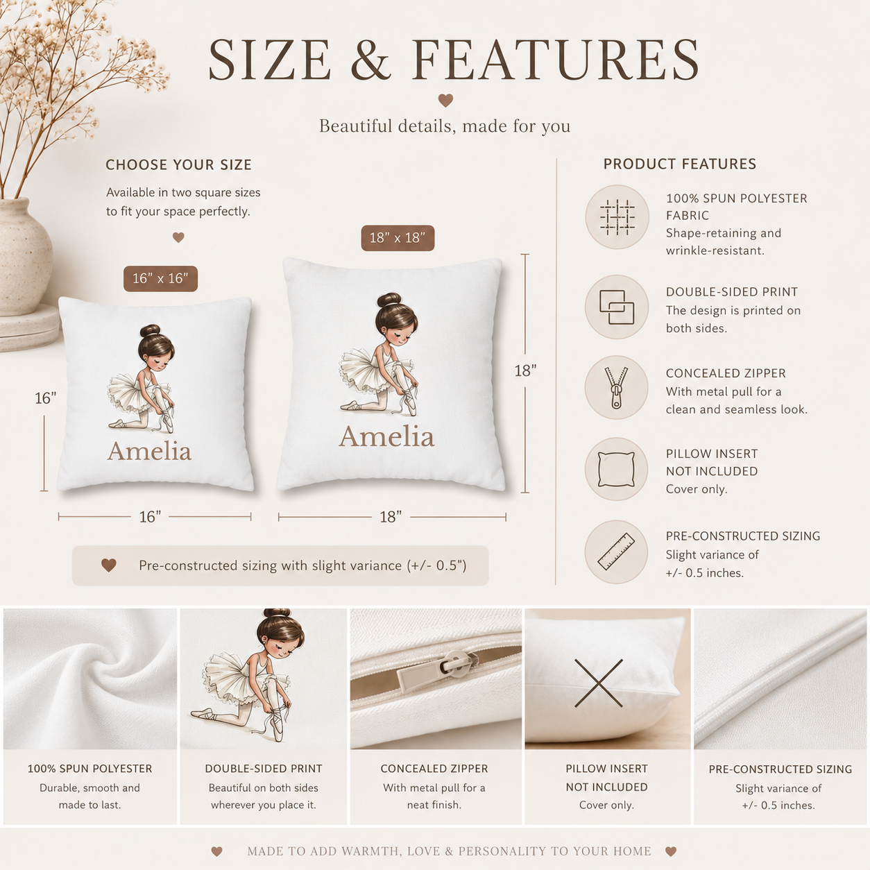 Personalised ballerina pillow cover back view – birthday gift for girls who love dance and ballet