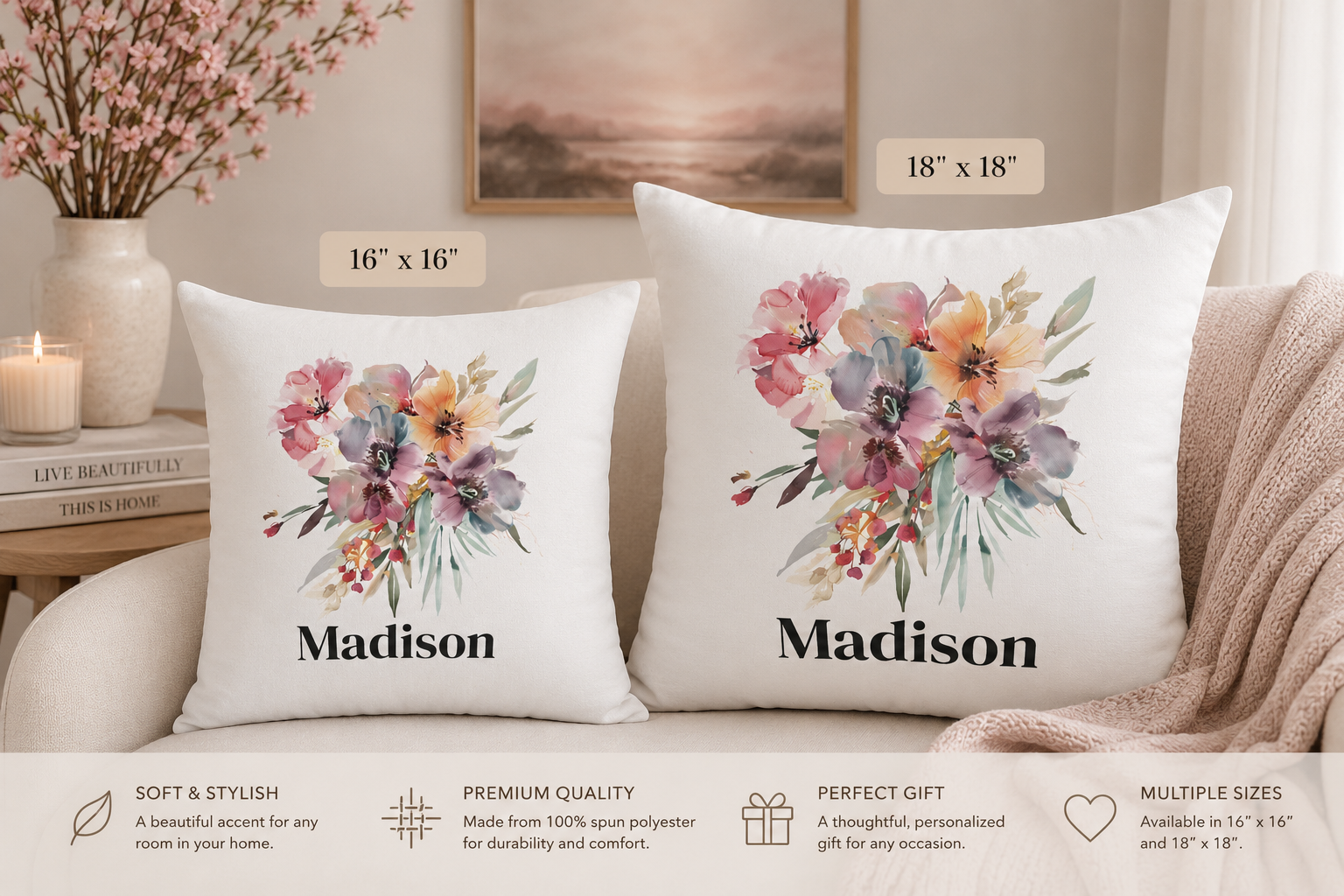 Personalised watercolour floral pillow cover back view – birthday or Mother's Day gift for her