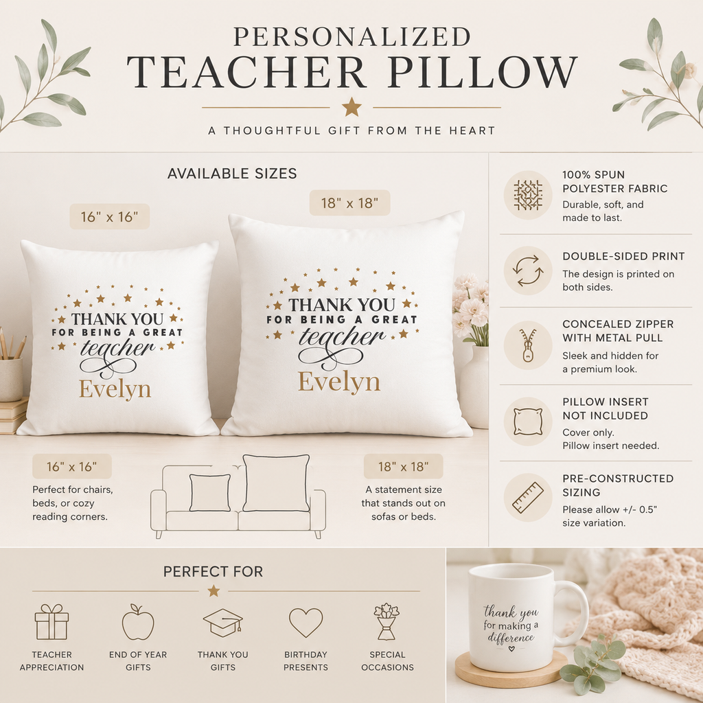 Personalised thank you teacher pillow cover back view – end of term or Teacher Appreciation Day gift