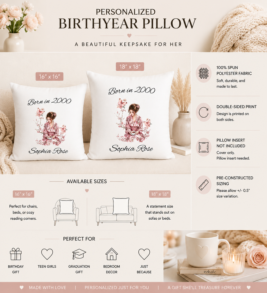 Personalised born in year pillow cover lifestyle mockup – birthday gift for her with name and birth year
