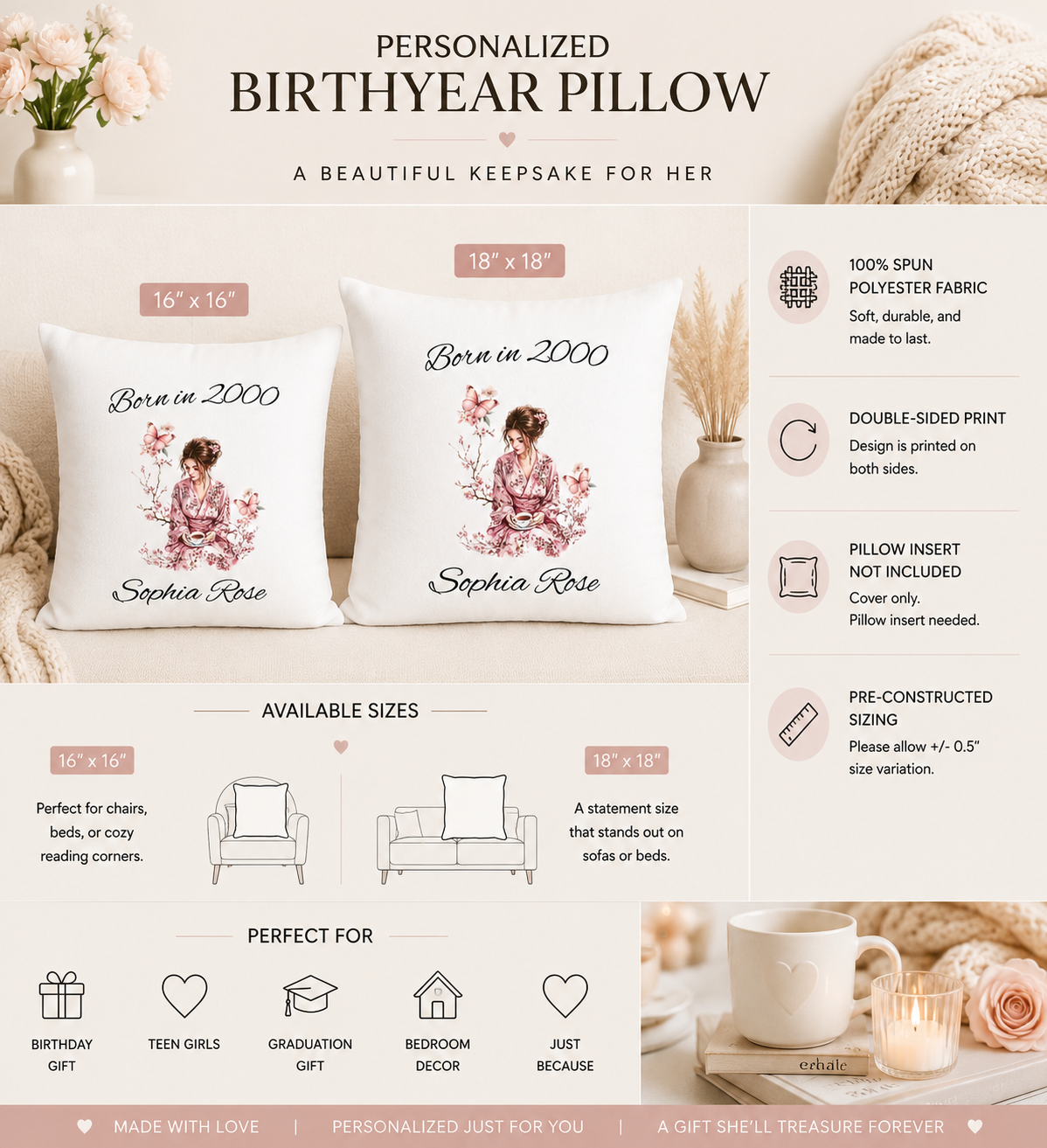 Personalised born in year pillow cover lifestyle mockup – birthday gift for her with name and birth year
