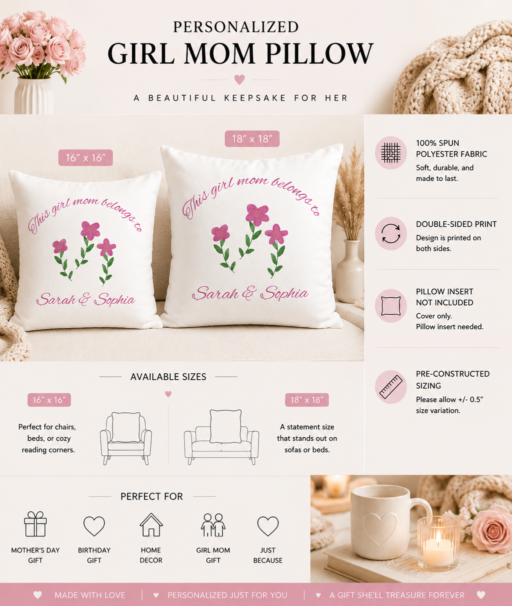 Personalised girl mom pillow cover back view – custom daughters names – Mother's Day gift for mum
