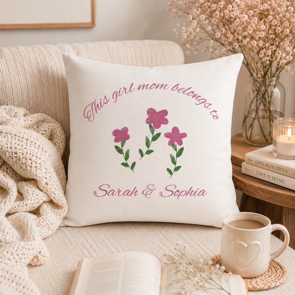 Personalised girl mom pillow cover lifestyle mockup – front view with daughters names and pink flowers
