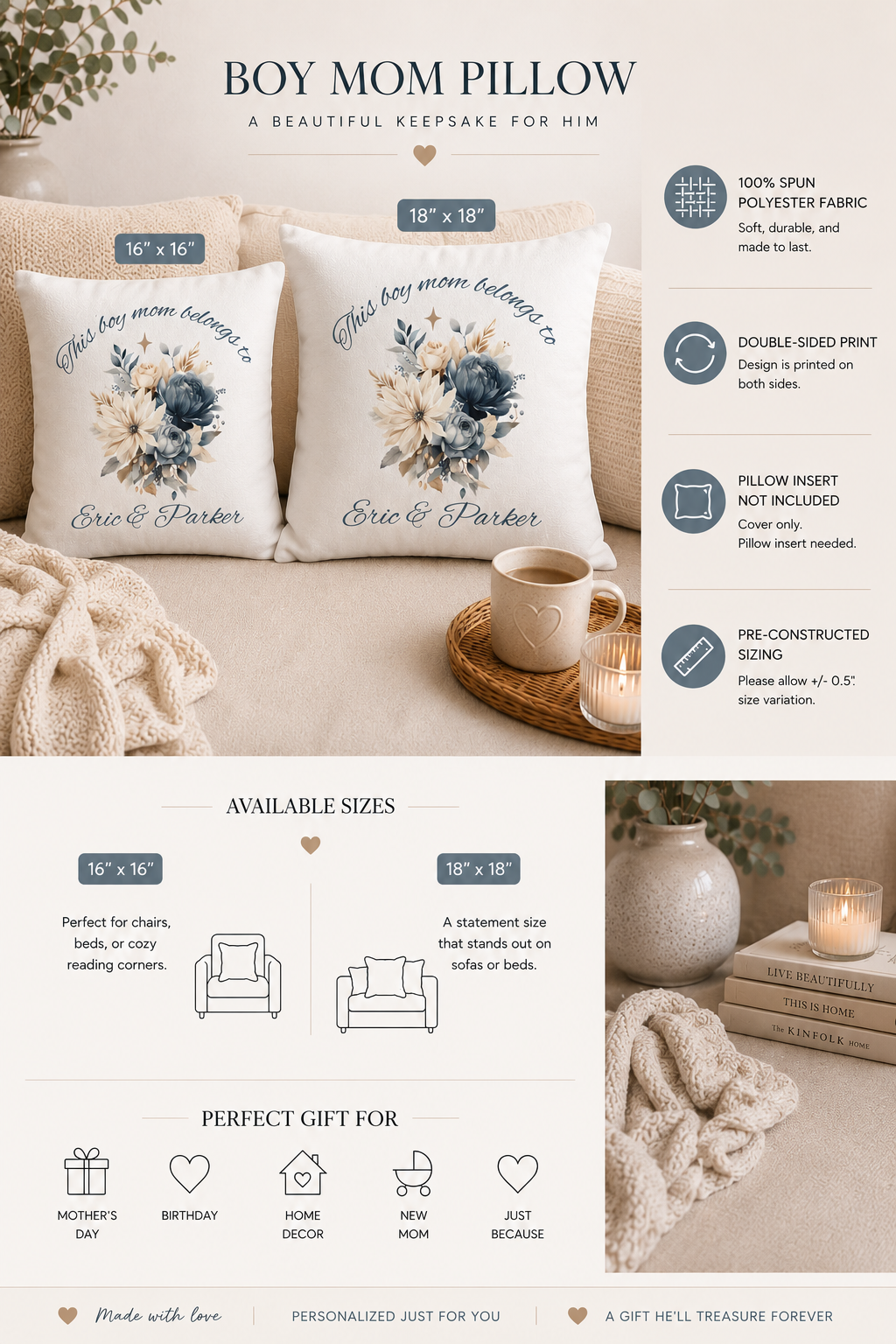 Personalised boy mom pillow cover back view – custom sons names – Mother's Day gift