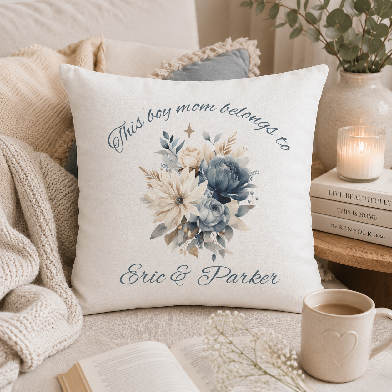 Personalised boy mom pillow cover lifestyle mockup – front view with sons names and floral bouquet