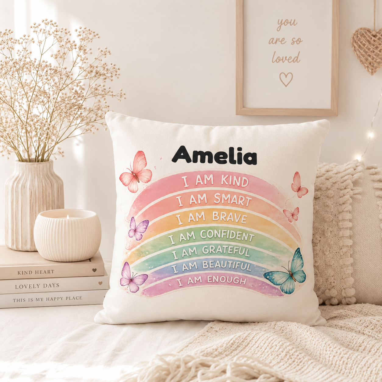 Personalised affirmation pillow cover lifestyle mockup – rainbow pillow on girls bedroom in warm setting