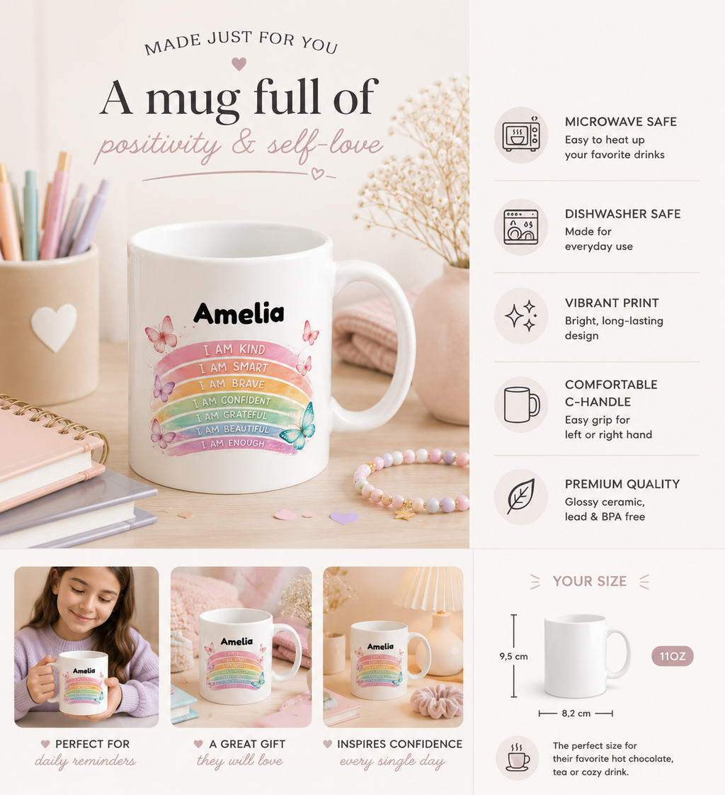 Personalised Mug – Rainbow Affirmations Gift for Girls