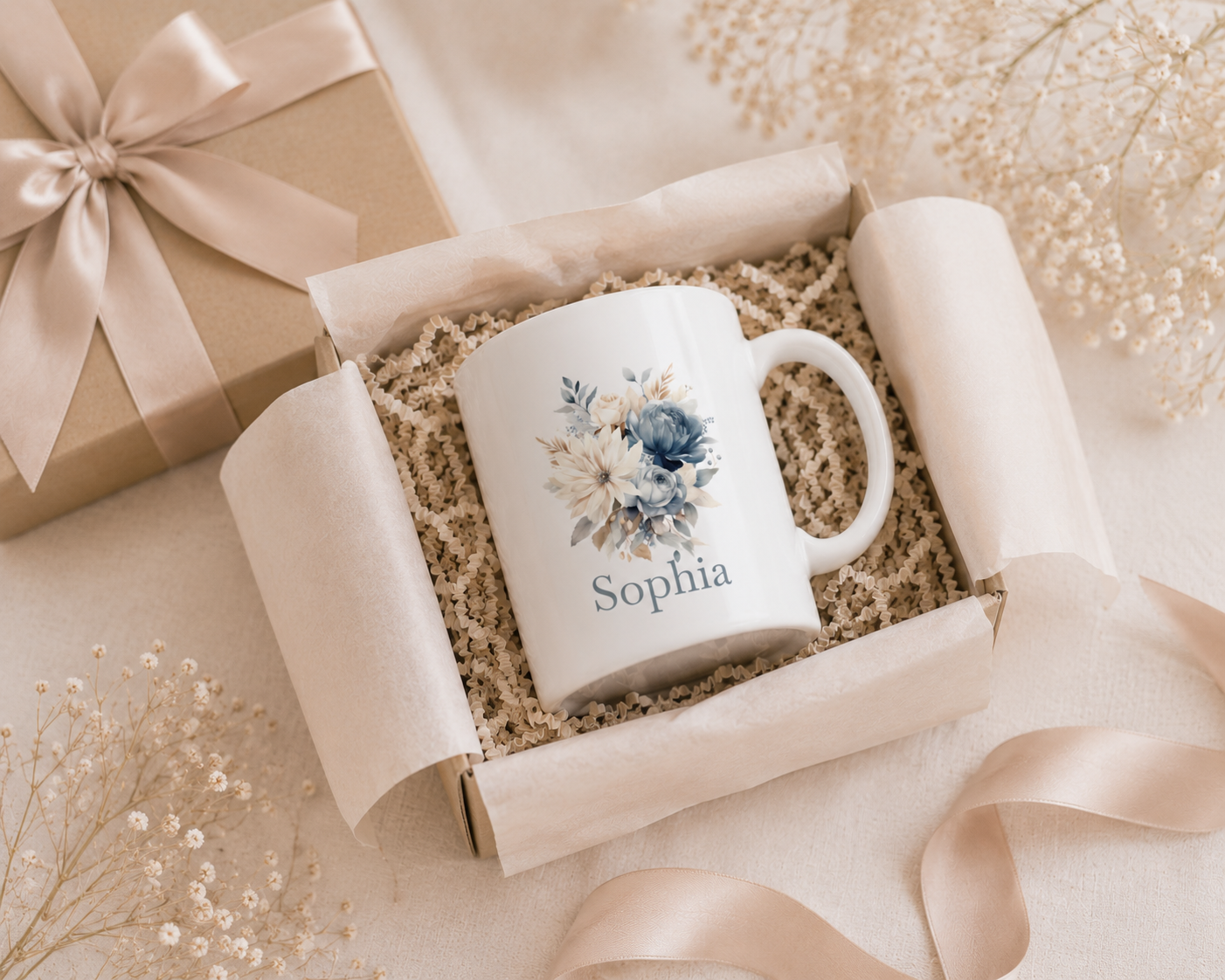 Personalised Mug - Blue Floral Name Design