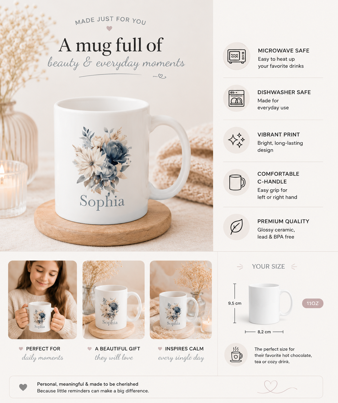 Personalised Mug - Blue Floral Name Design