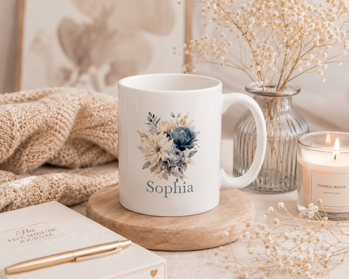 Personalised Mug - Blue Floral Name Design