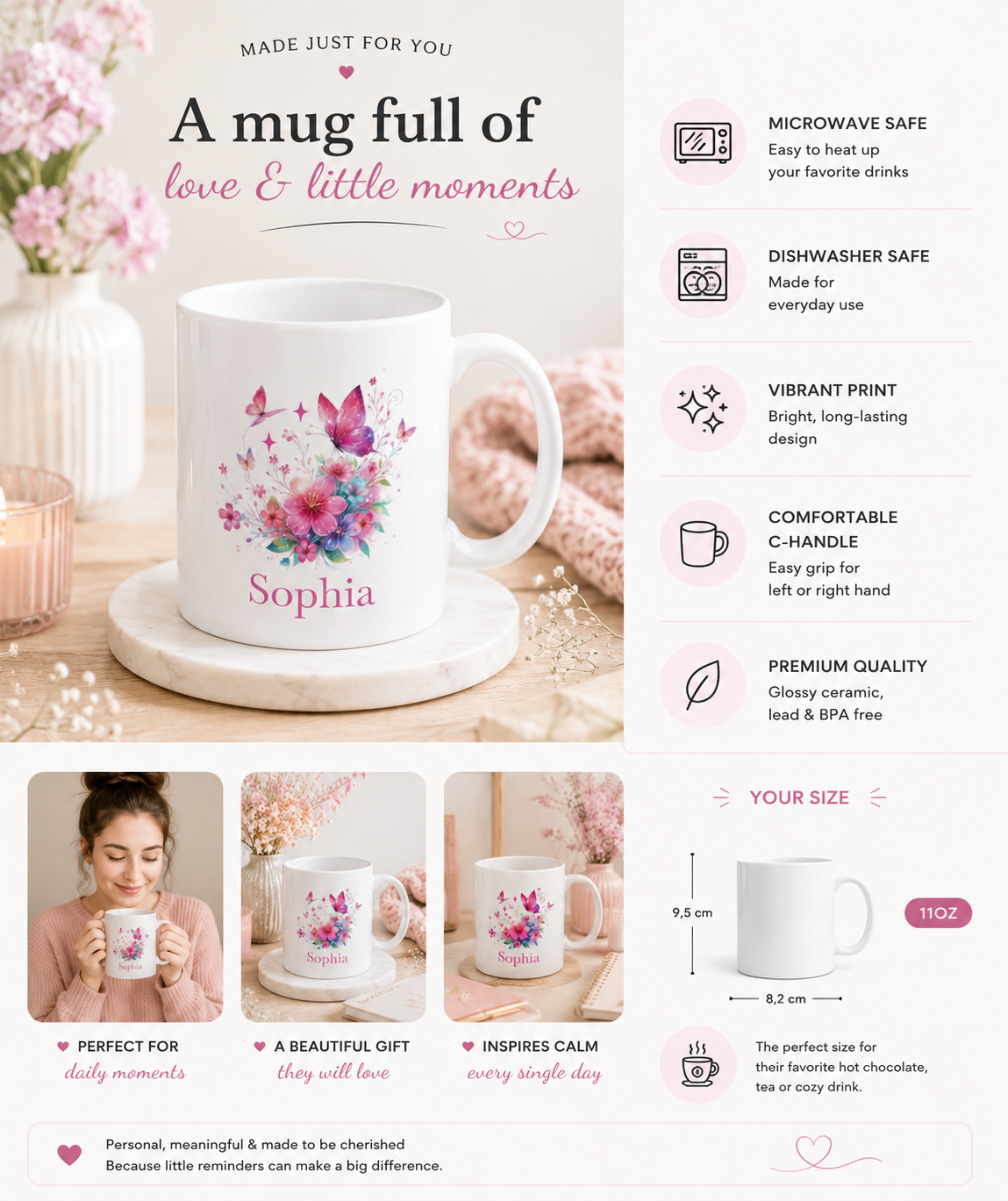 Personalised Mug – Pink Butterfly Floral Name Design