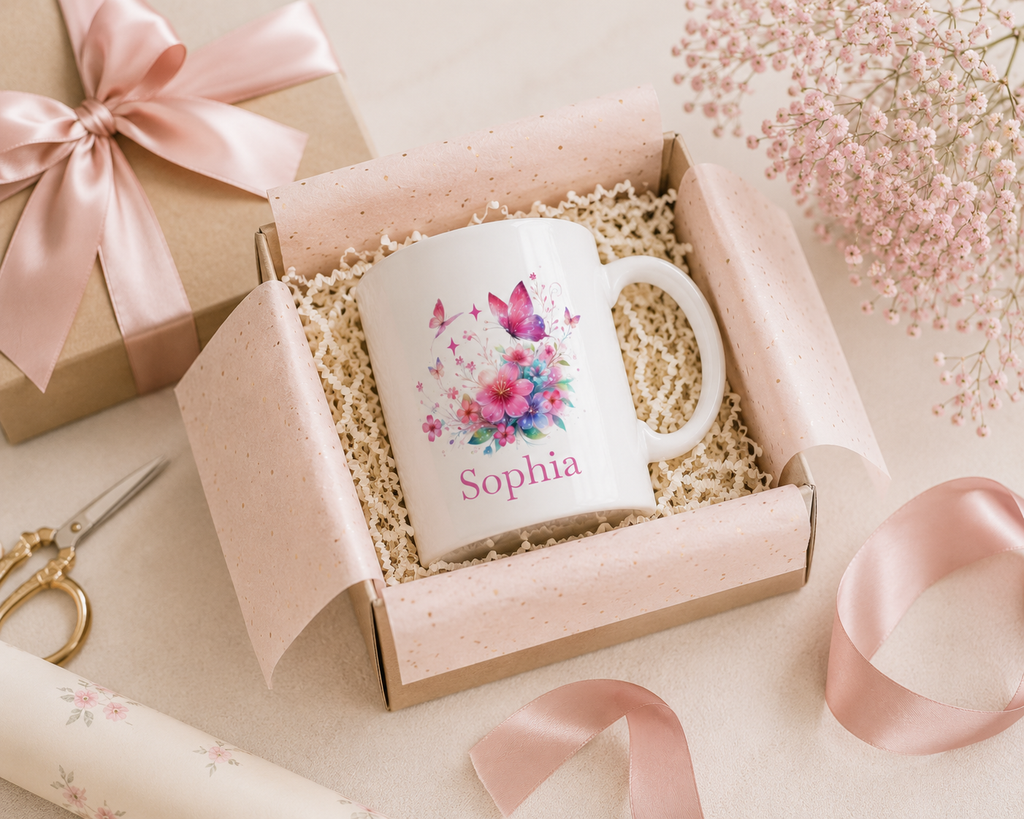 Personalised Mug – Pink Butterfly Floral Name Design