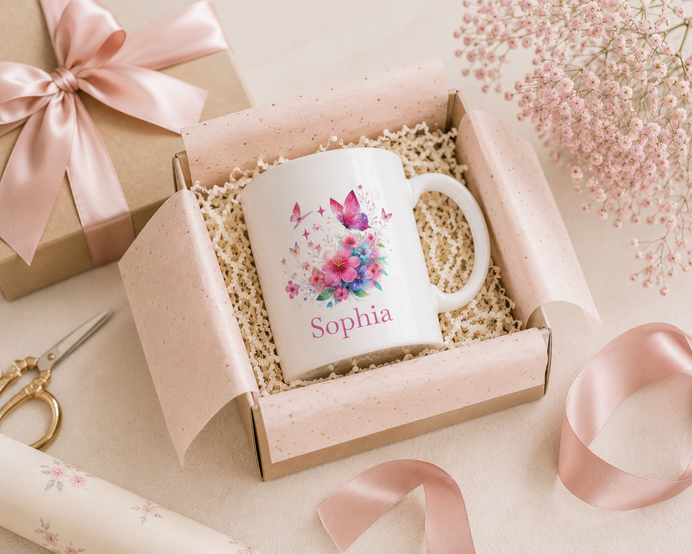 Personalised Mug – Pink Butterfly Floral Name Design