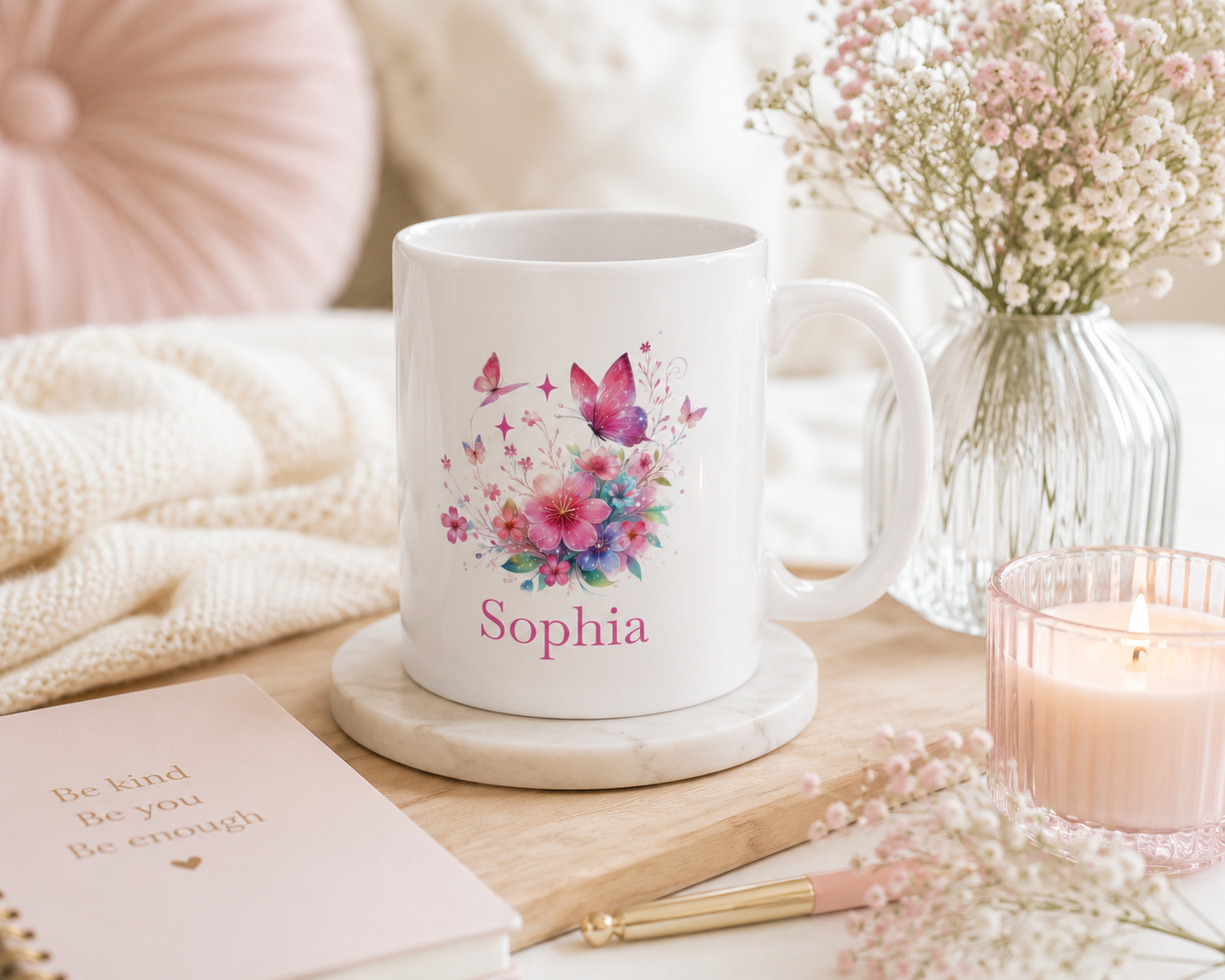 Personalised Mug – Pink Butterfly Floral Name Design