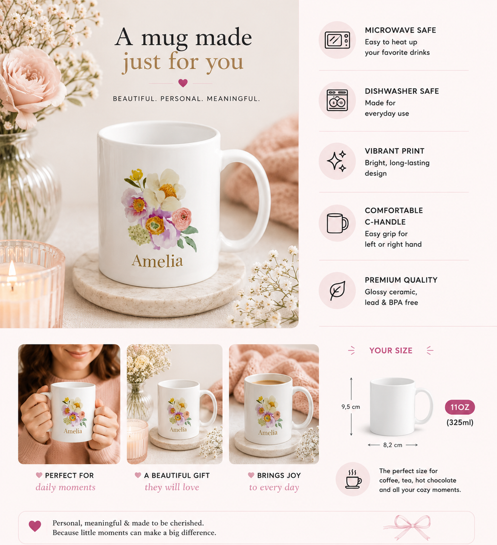 Personalised Mug - Peony Floral Name Design