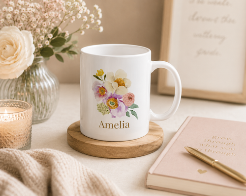 Personalised Mug - Peony Floral Name Design