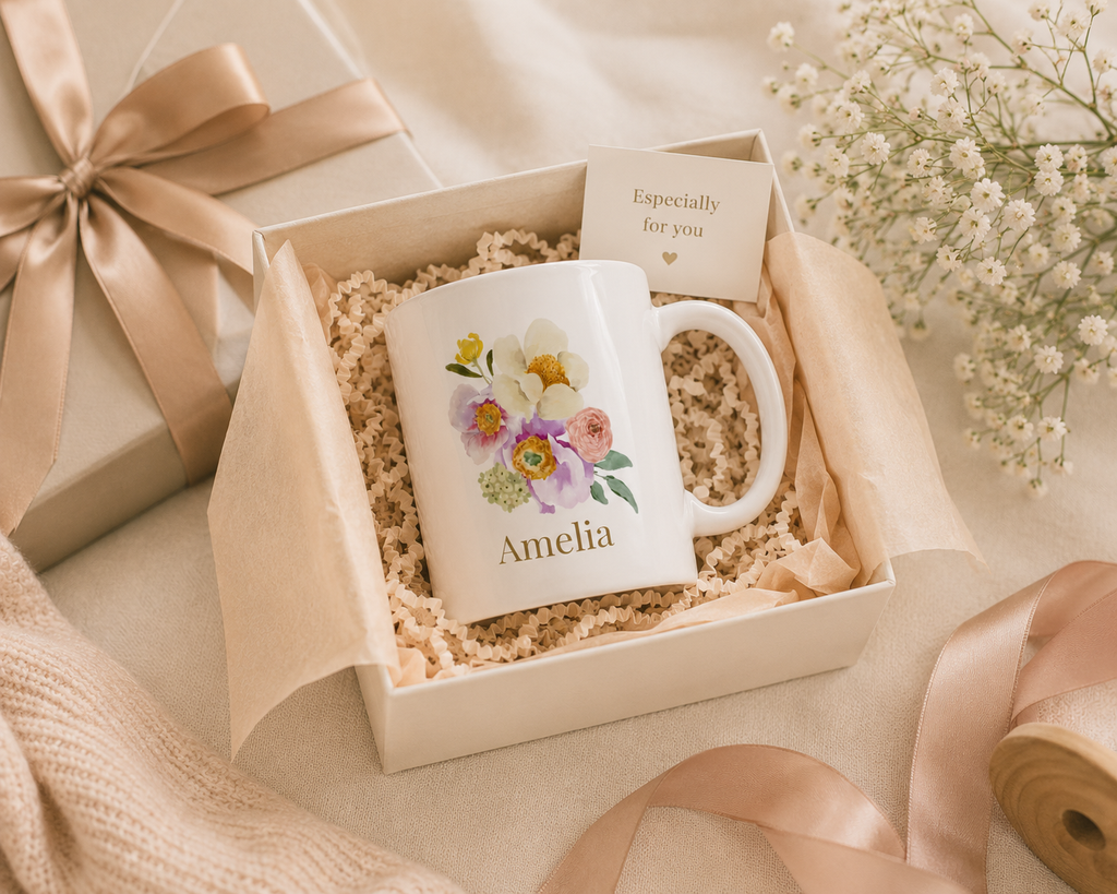 Personalised Mug - Peony Floral Name Design