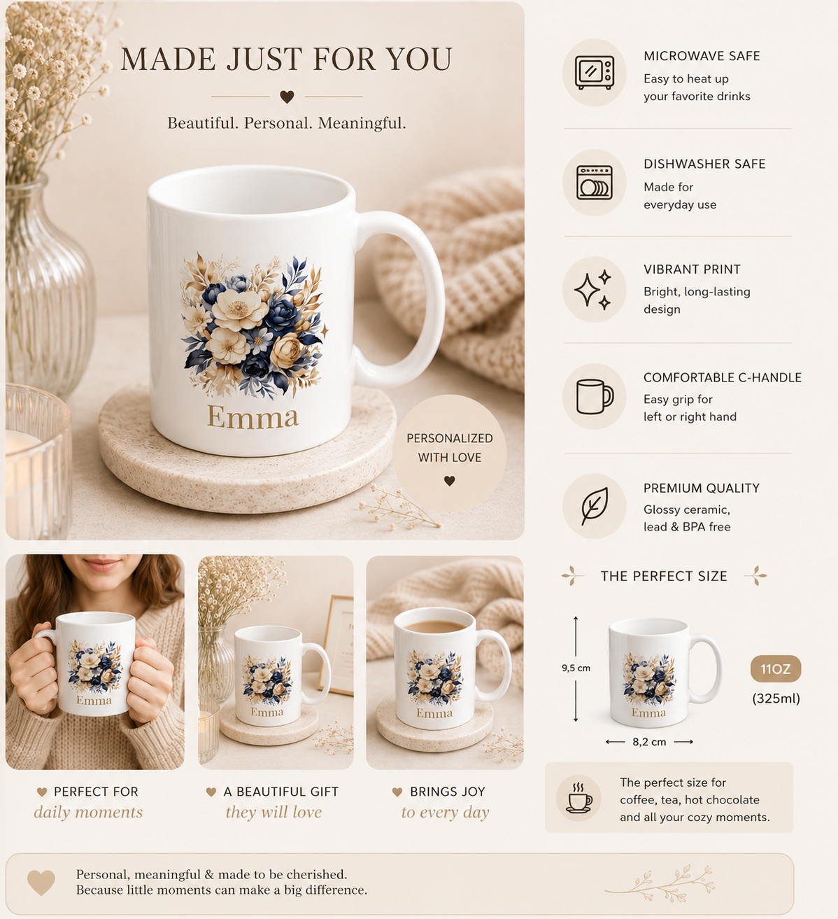 Personalised Mug – Navy Gold Floral Name Design