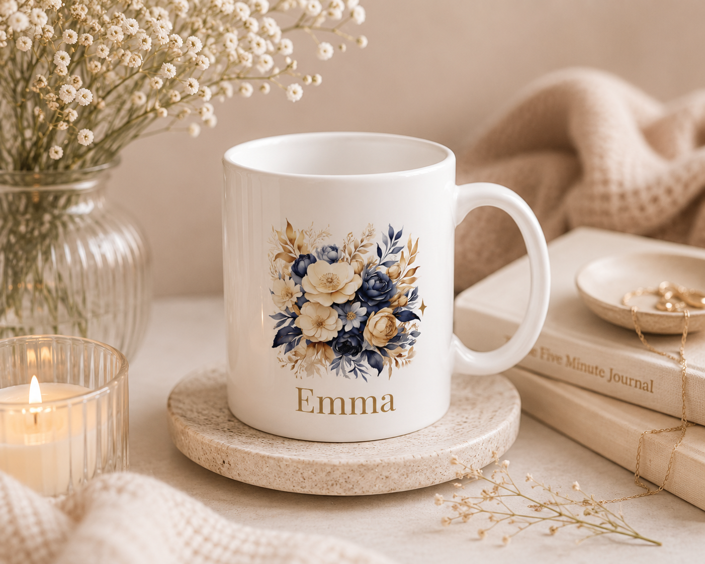 Personalised Mug – Navy Gold Floral Name Design