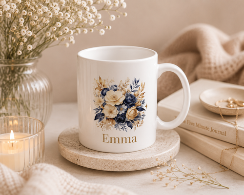 Personalized Mug - Navy Gold Floral Name Design