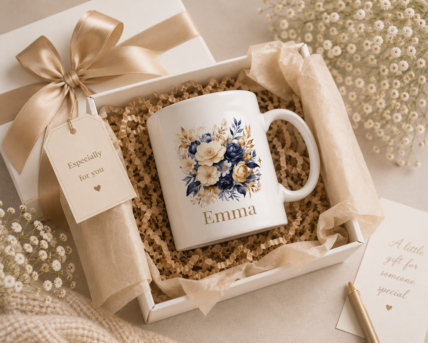Personalised Mug – Navy Gold Floral Name Design