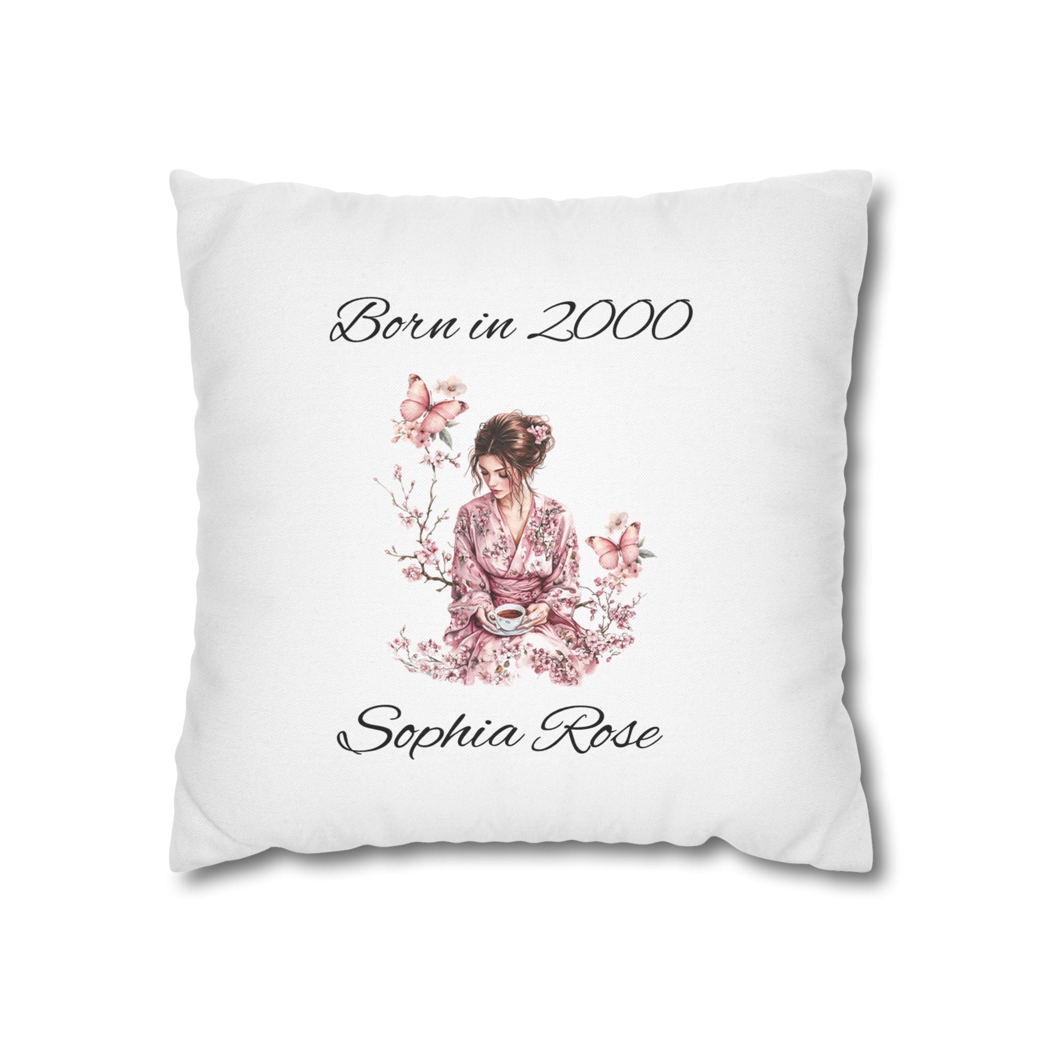 Personalised born in year pillow cover for her – woman in kimono with cherry blossoms – white background