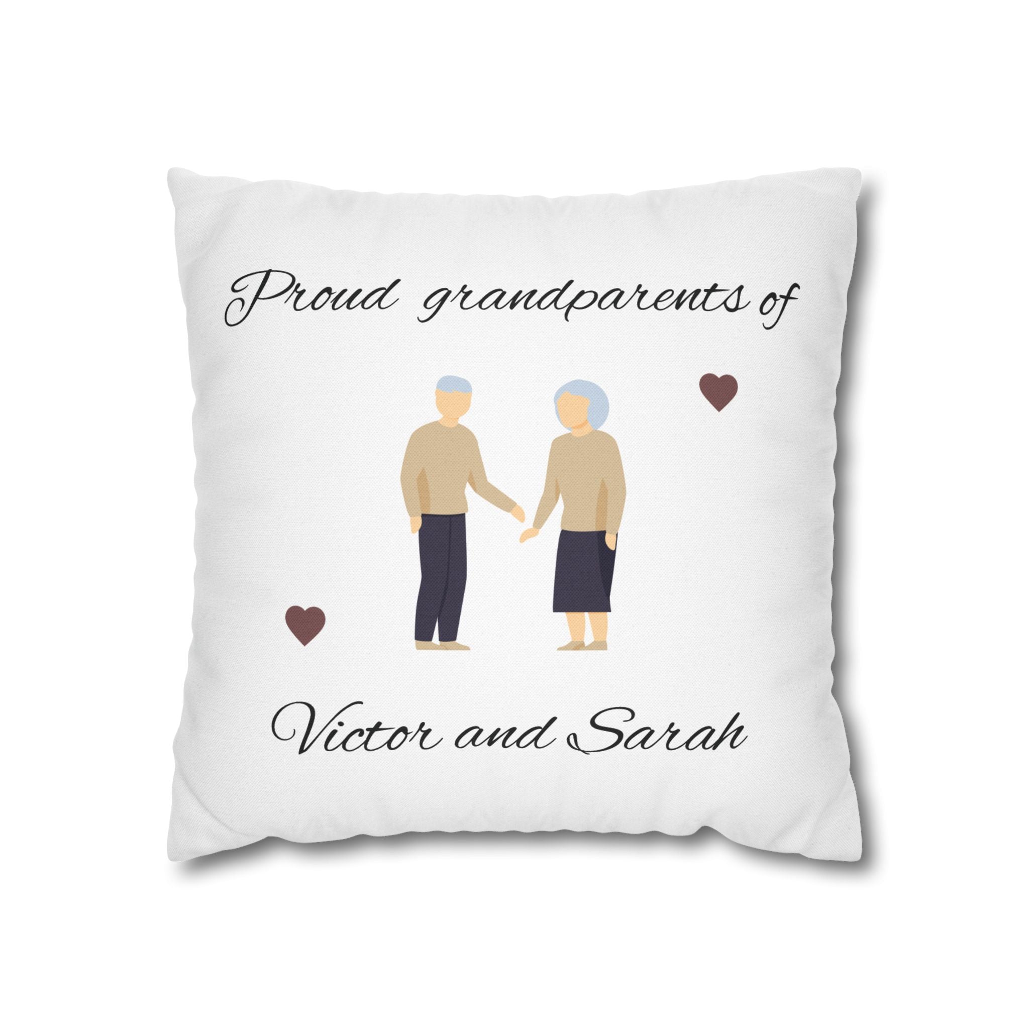 Personalised proud grandparents pillow cover – illustration of elderly couple holding hands – white background