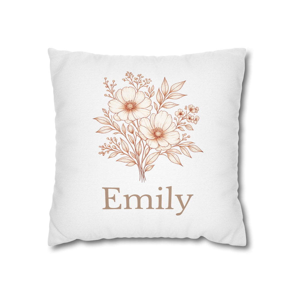 Personalised botanical name pillow cover – terracotta floral illustration with custom name – white background