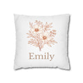 Personalised botanical name pillow cover – terracotta floral illustration with custom name – white background