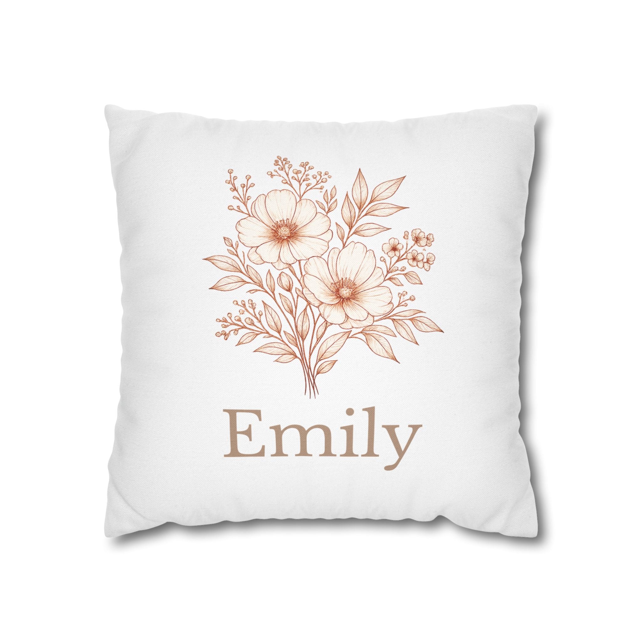 Personalised botanical name pillow cover – terracotta floral illustration with custom name – white background