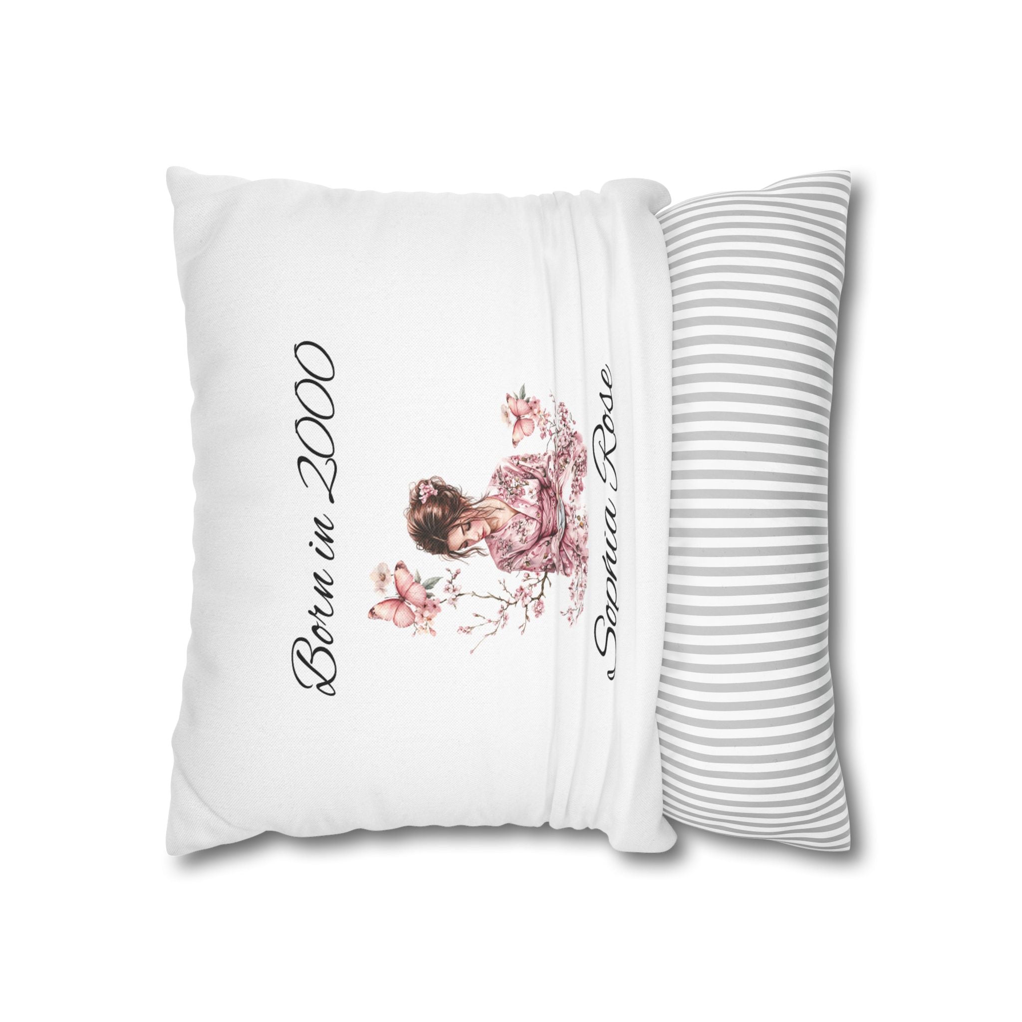 Personalised born in year pillow cover for her – milestone birthday gift with cherry blossom design