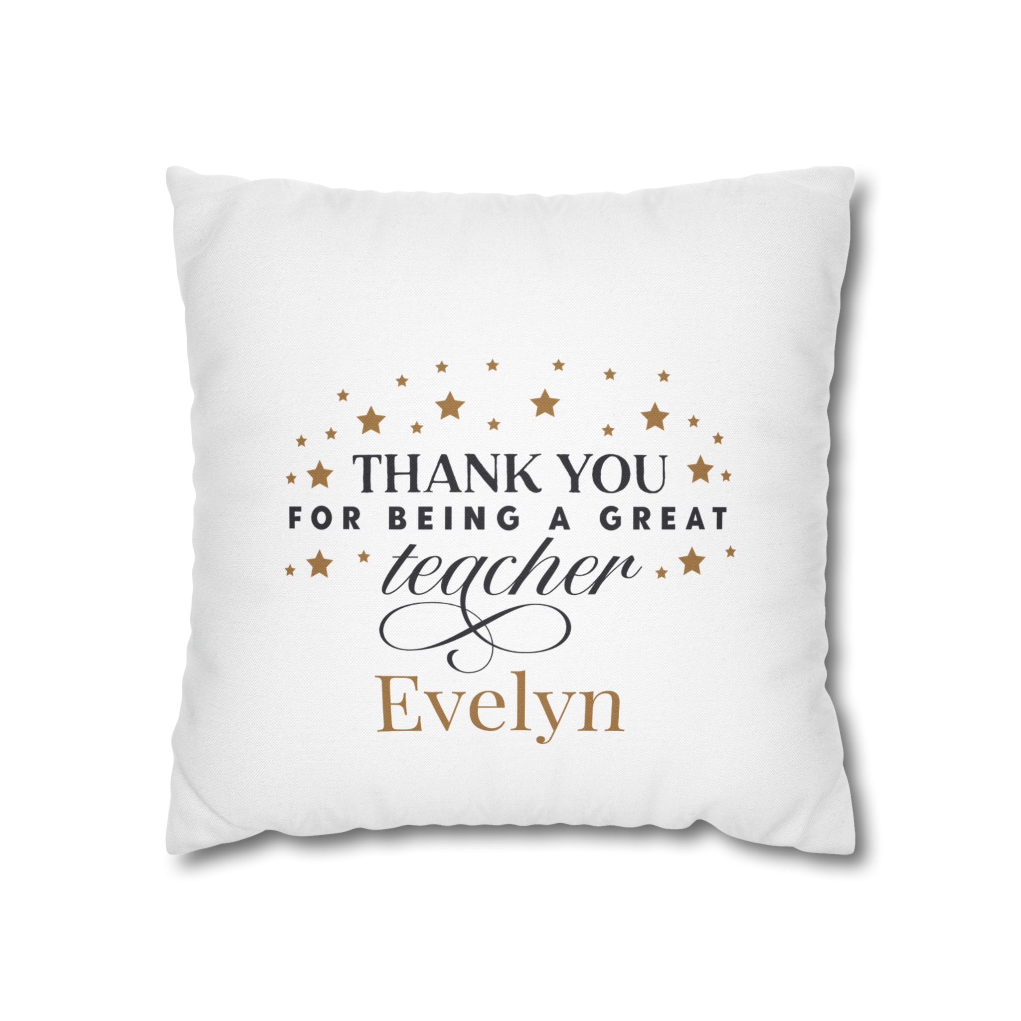 Personalised thank you teacher pillow cover – golden stars and teacher name – white background