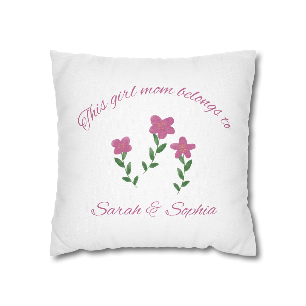 Personalised girl mom pillow cover – This girl mom belongs to – pink floral design – white background