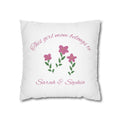 Personalised girl mom pillow cover – This girl mom belongs to – pink floral design – white background