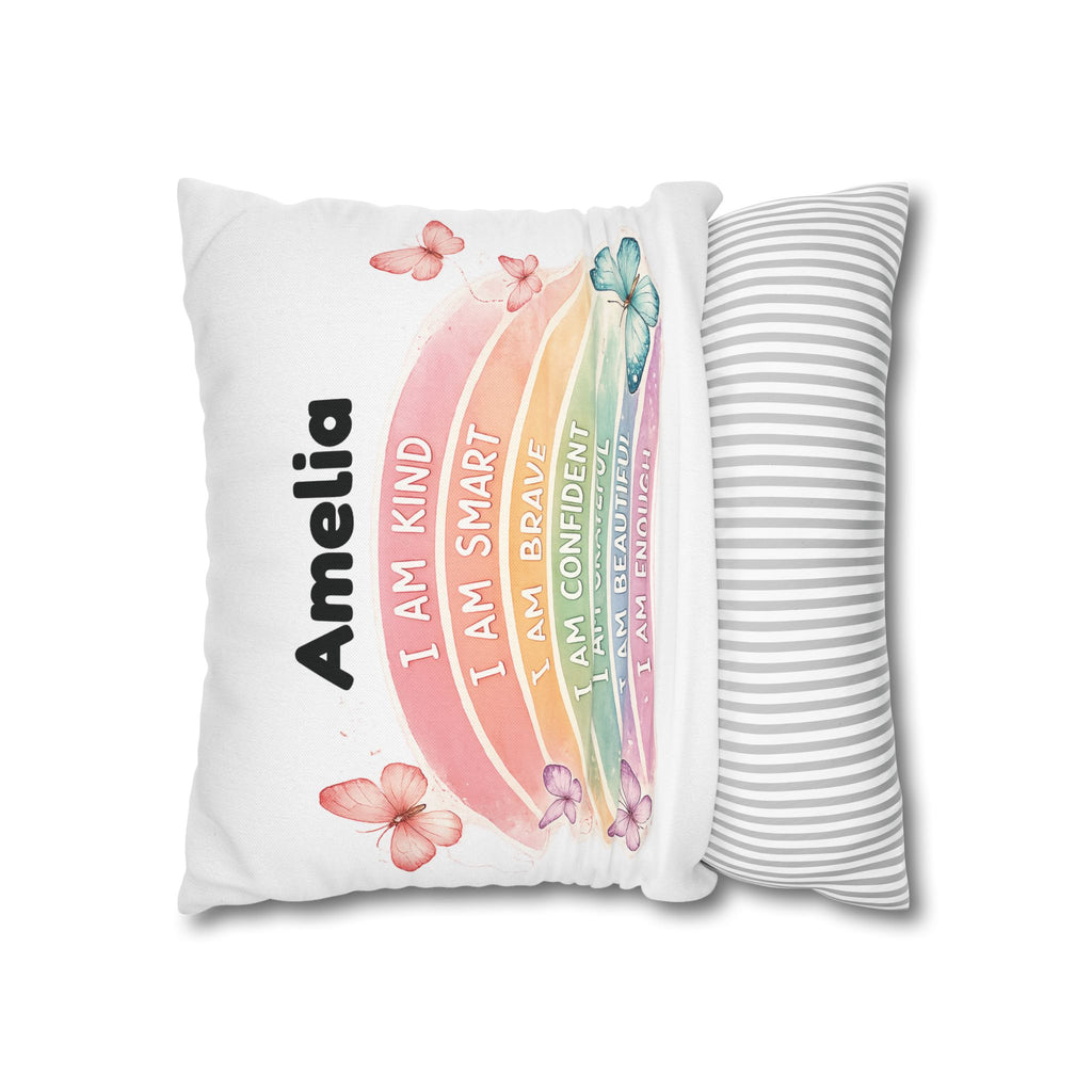 Personalised rainbow affirmation pillow cover – I am kind I am smart I am brave – birthday gift for girls