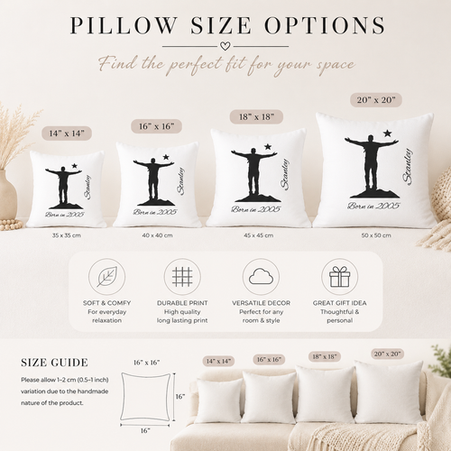 Pillow size guide for personalised born in pillow cover – 35x35cm, 40x40cm, 45x45cm and 50x50cm options shown