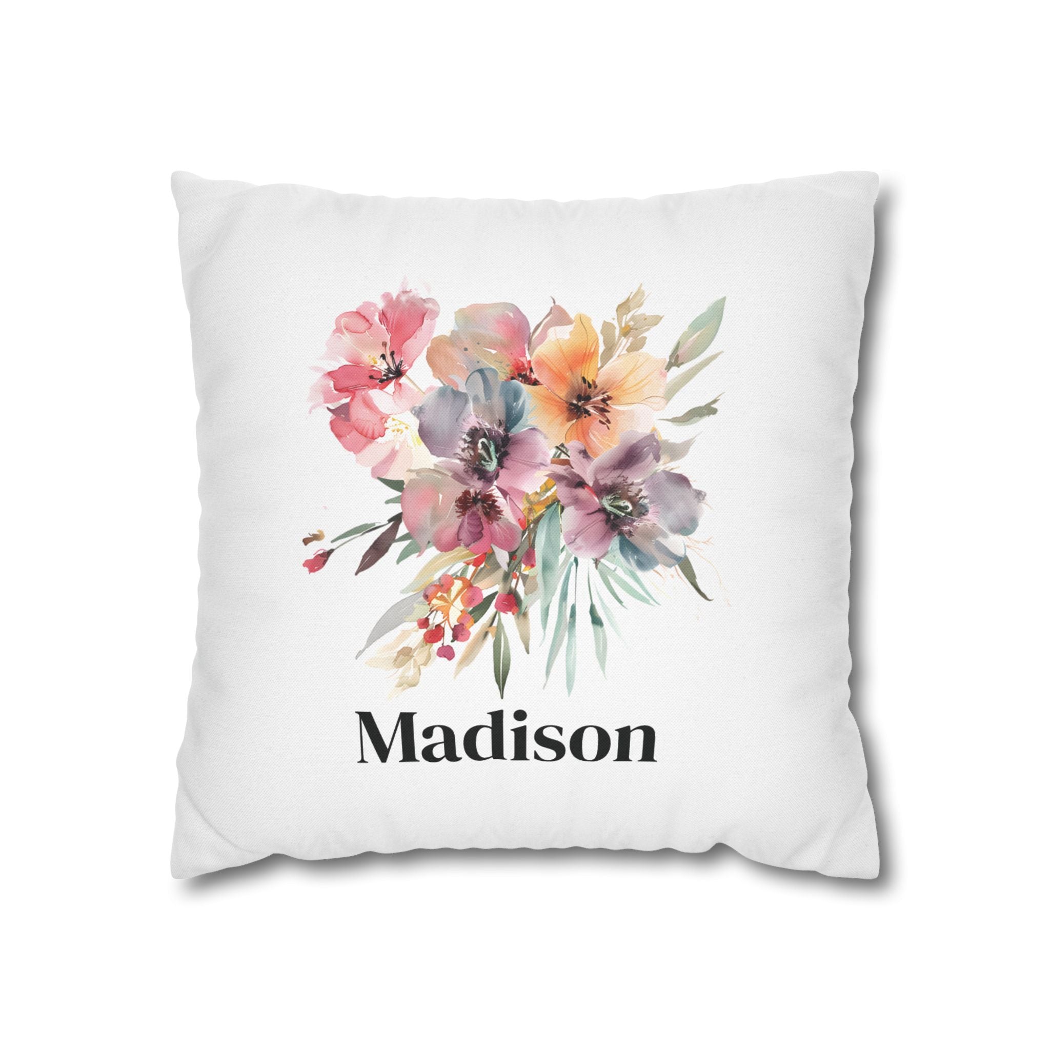 Personalised watercolour floral pillow cover – vibrant pink purple orange bouquet with name – white background