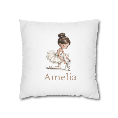 Personalised ballerina pillow cover – cute girl ballet dancer tying pointe shoes with name – white background