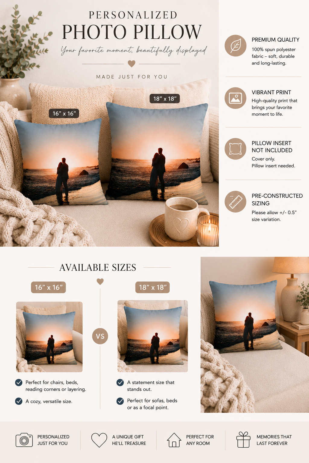 Personalised photo pillow size guide – 16x16 vs 18x18 size comparison with product features and placement ideas